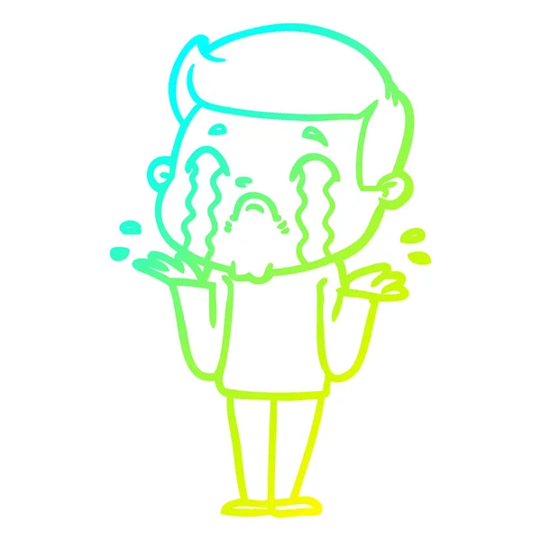 Cold gradient line drawing cartoon man crying — стоковый вектор