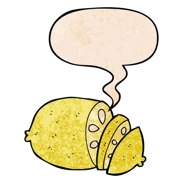 Retro doku tarzında karikatür dilimlenmiş limon ve konuşma balonu — Stok Vektör