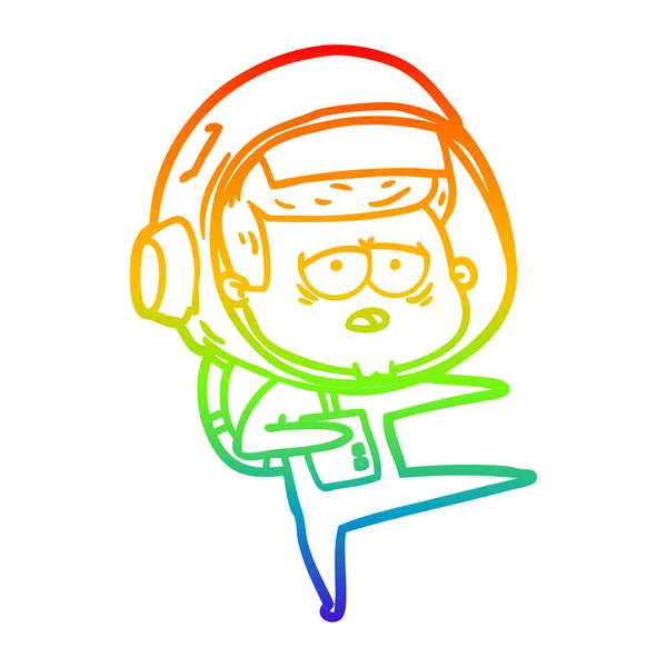 Línea de gradiente arco iris dibujo dibujos animados astronauta cansado — Vector de stock