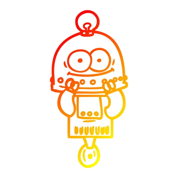 Línea de gradiente caliente dibujo robot de cartón feliz con bombilla — Vector de stock