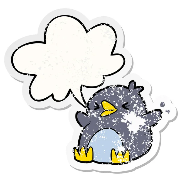Desenho animado pinguim e fala bolha adesivo angustiado —  Vetores de Stock