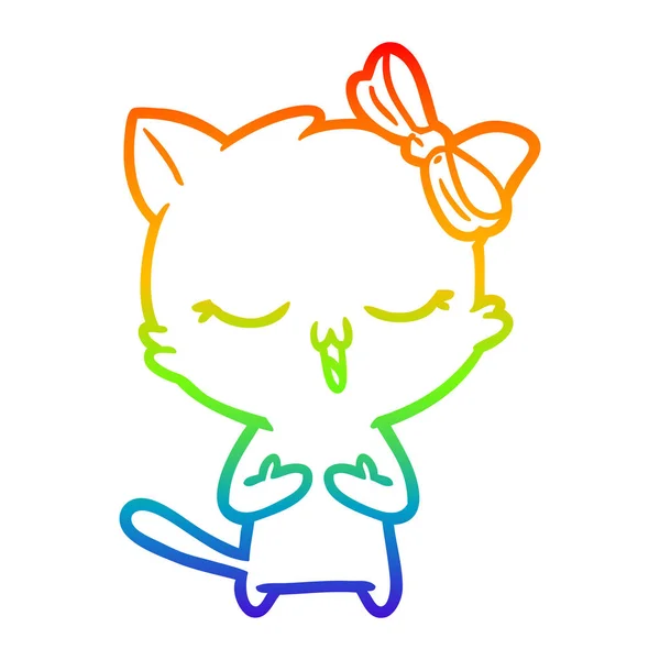 Rainbow gradient line drawing cartoon cat with bow on head — Stock Vector