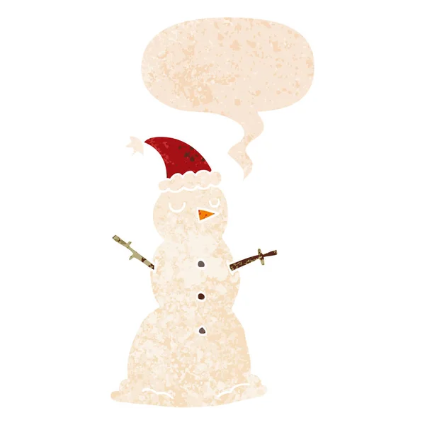 Cartoon snowman and speech bubble in retro textured style — Stock Vector