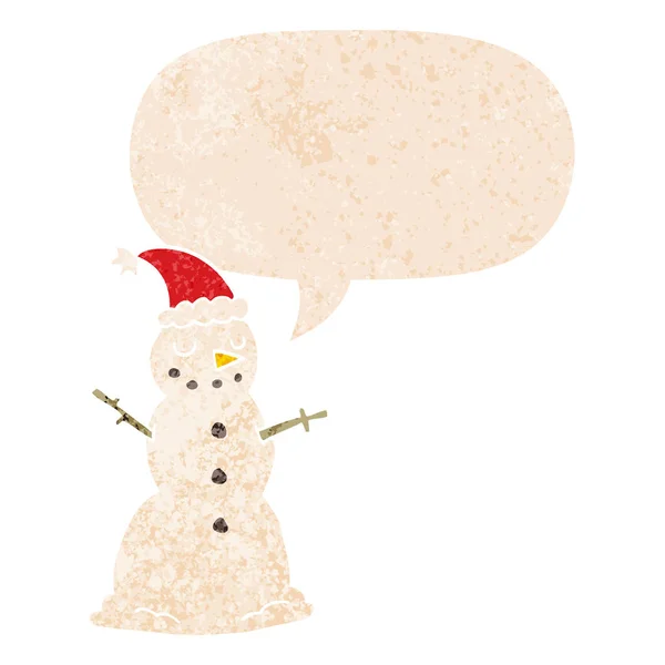 Dibujos animados Navidad muñeco de nieve y burbuja de habla en st texturizado retro — Vector de stock
