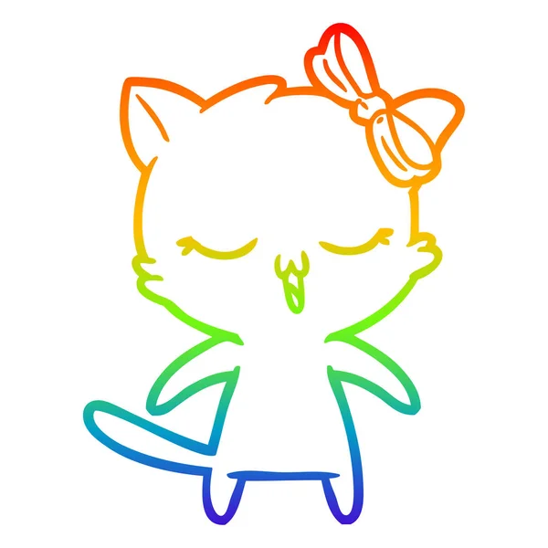 Linea gradiente arcobaleno disegno fumetto gatto con arco sulla testa — Vettoriale Stock