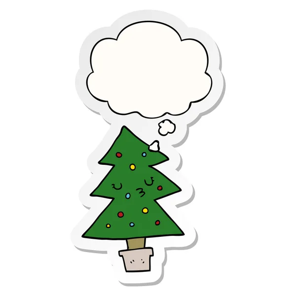Karikatúra karácsonyfa és a gondolat buborék, mint egy nyomtatott matrica — Stock Vector