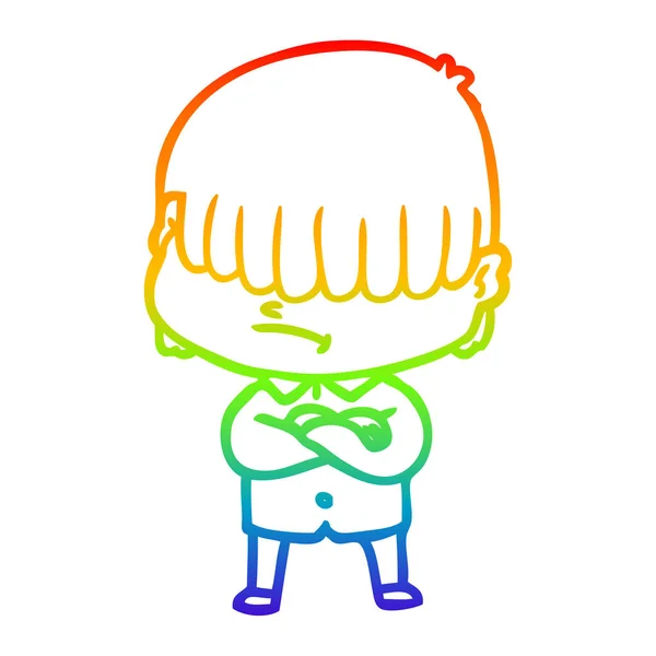 Regenboog gradiënt lijntekening cartoon jongen met onopgeruimd haar — Stockvector