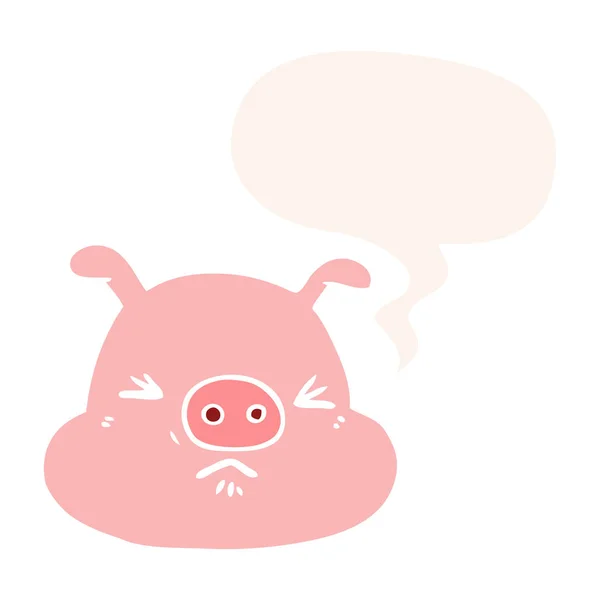 Cartoon angry pig face and speech bubble in retro style — Stock Vector