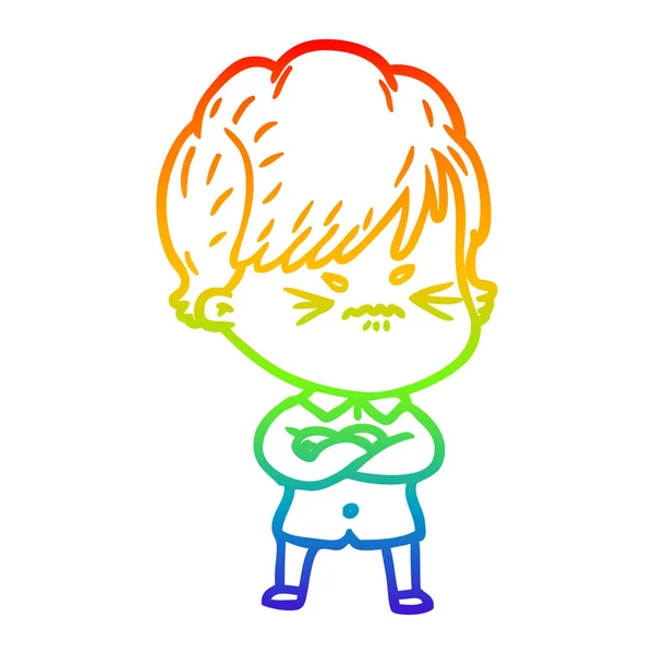 Regenboog gradiënt lijntekening cartoon gefrustreerd vrouw — Stockvector