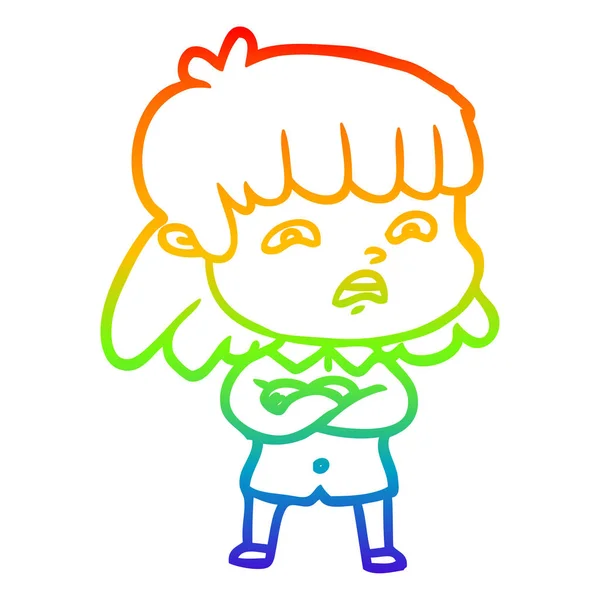 Rainbow gradient line drawing cartoon worried woman — Stock Vector