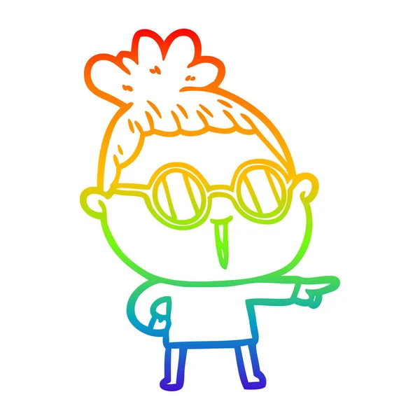 Arco iris gradiente línea dibujo dibujos animados mujer usando gafas — Vector de stock