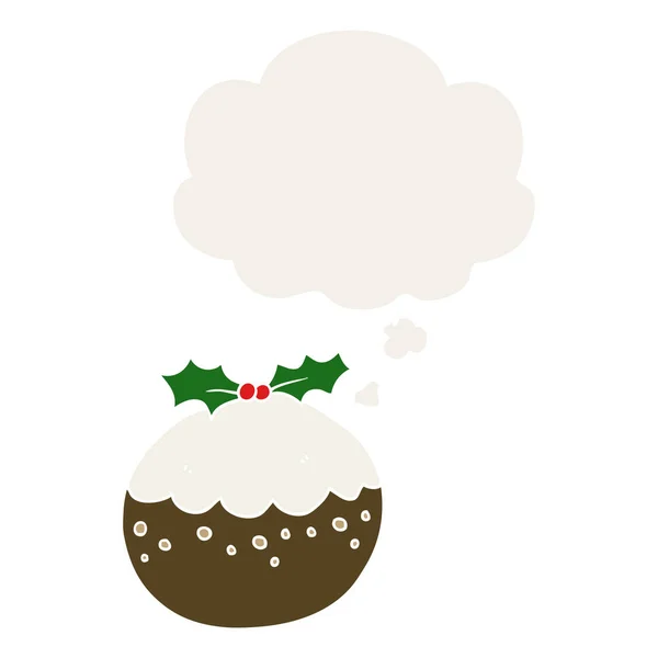Pudding de Noël dessin animé et bulle de pensée dans un style rétro — Image vectorielle
