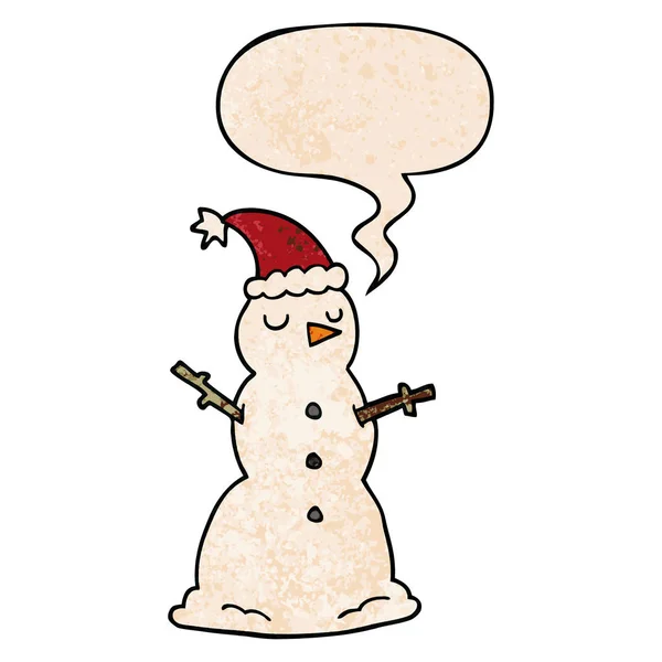 Bonhomme de neige dessin animé et bulle de parole dans le style de texture rétro — Image vectorielle