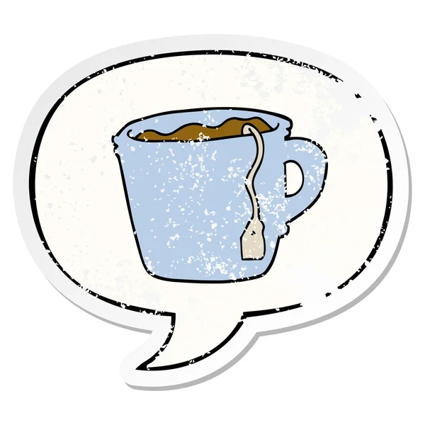 Vignetta calda tazza di tè e adesivi bolla vocale angosciato — Vettoriale Stock