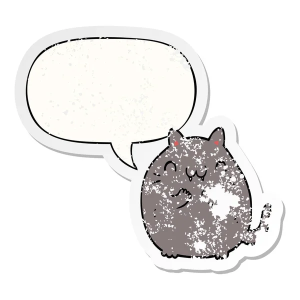 Mutlu karikatür kedi ve konuşma balonu sıkıntılı etiket — Stok Vektör