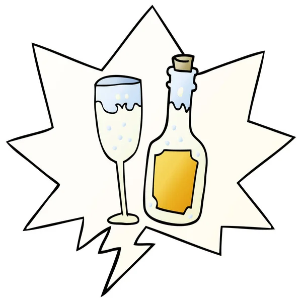 Kreslená láhev šampaňského a bublina skla a řeči v hladkém g — Stockový vektor