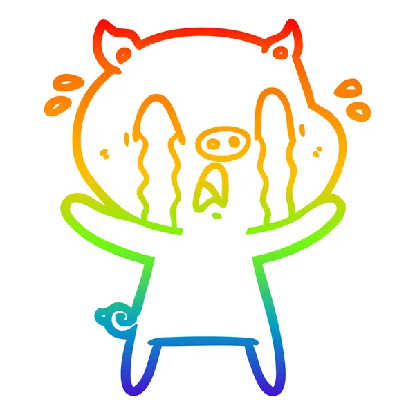 Rainbow gradient line drawing crying pig cartoon — Stock Vector