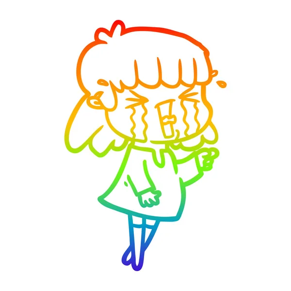 Rainbow gradient line drawing cartoon woman in tears — Stock Vector