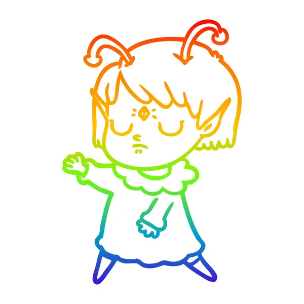 Rainbow gradient ligne dessin dessin animé alien fille — Image vectorielle