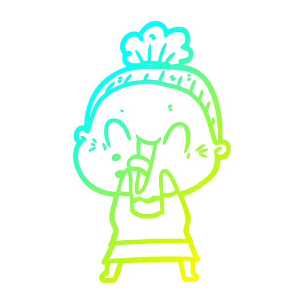Linea gradiente freddo disegno cartone animato felice vecchia donna — Vettoriale Stock