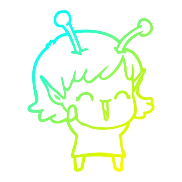 Cold gradient line drawing cartoon alien girl laughing — стоковый вектор