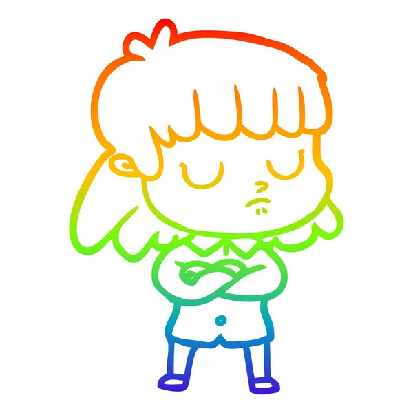 Linea gradiente arcobaleno disegno cartone animato donna indifferente pieghevole — Vettoriale Stock