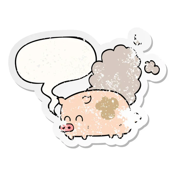 Desenho animado porco fedorento e fala bolha adesivo angustiado — Vetor de Stock