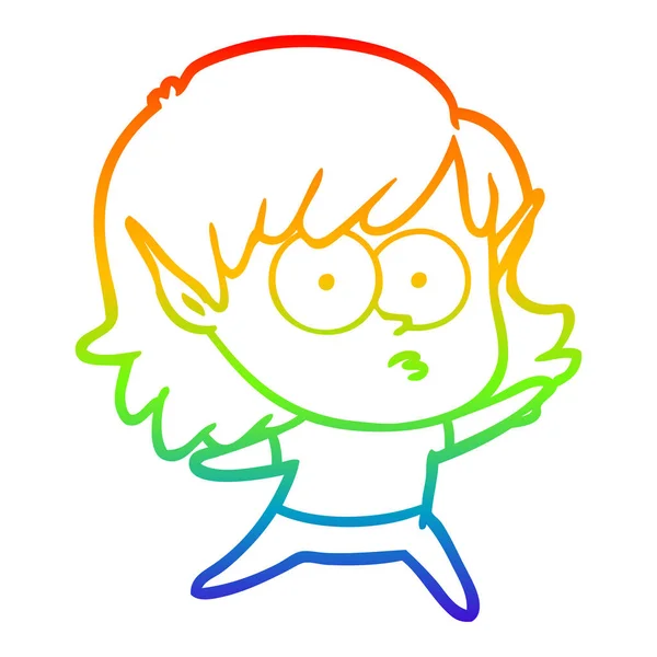 Arco iris gradiente línea dibujo dibujos animados elfo chica mirando — Vector de stock