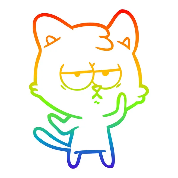 Rainbow gradient line drawing bored cartoon cat — Stock Vector