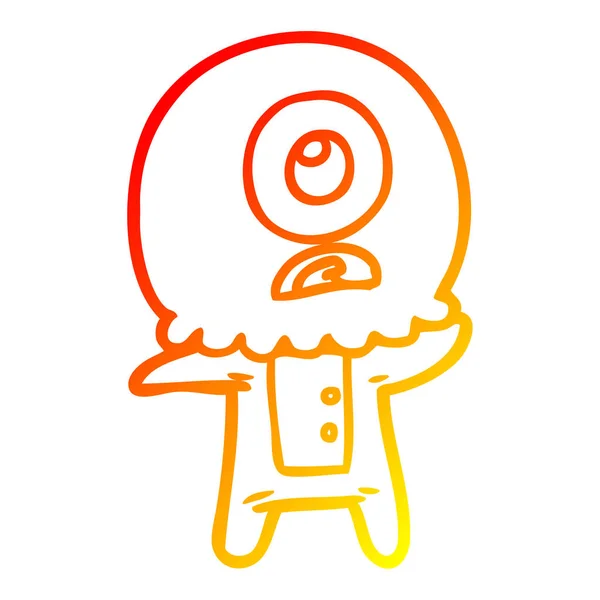 Línea de gradiente caliente dibujo dibujos animados cyclops alien spaceman — Vector de stock