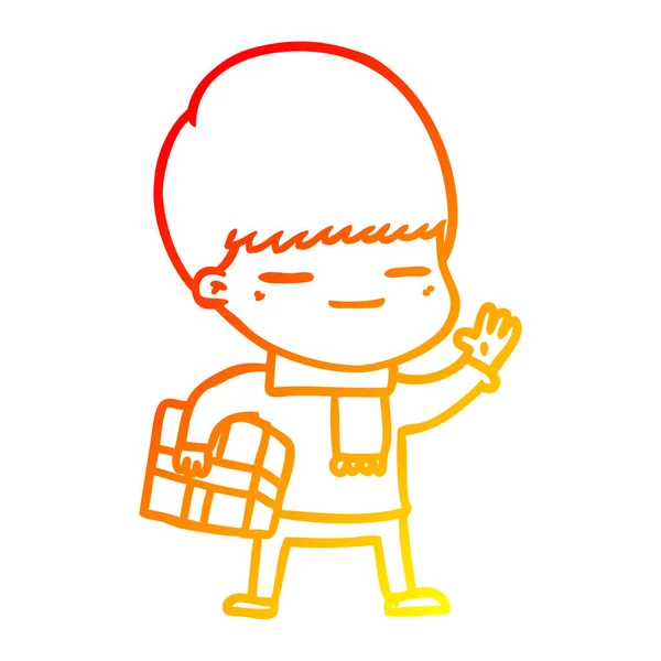 Warm gradient line drawing cartoon smug boy carrying present — Stock Vector
