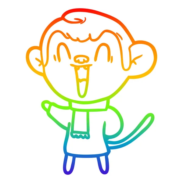 Rainbow gradient line drawing cartoon laughing monkey — Stock Vector