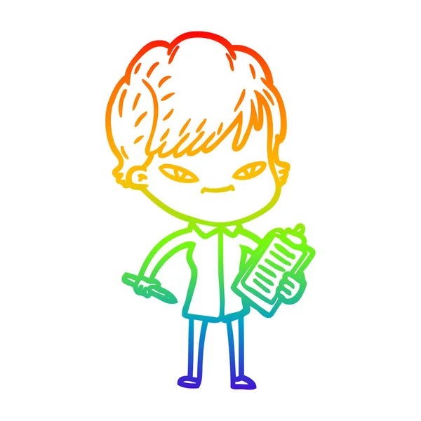 虹のグラデーションライン描画漫画幸せな女性 — ストックベクタ