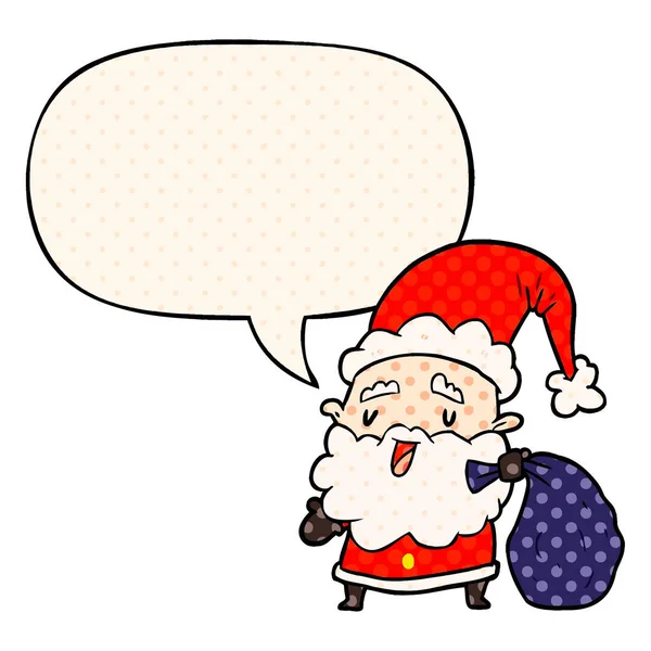 Dibujos animados santa claus llevando saco de regalos y burbuja del habla — Vector de stock