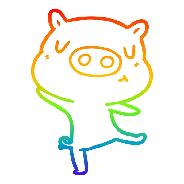 Regenboog gradiënt lijntekening cartoon varken dansen — Stockvector