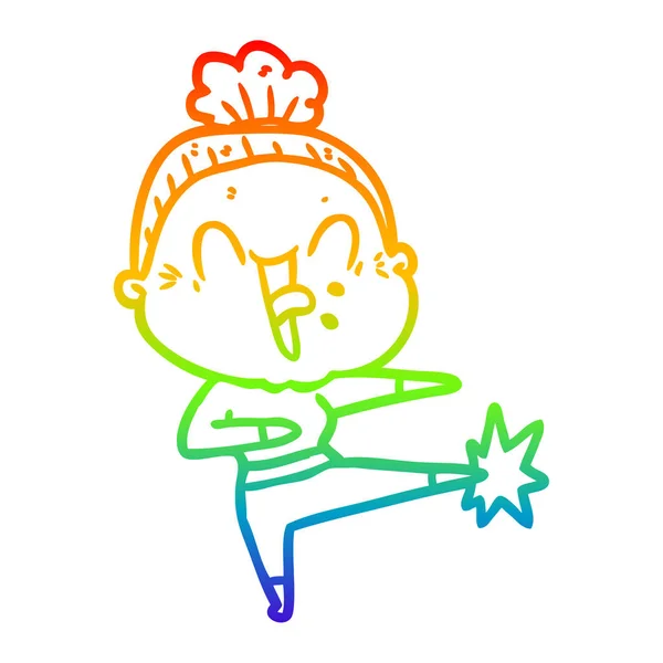 Regenbogen-Gradienten-Linie Zeichnung Karikatur glücklich alte Frau — Stockvektor