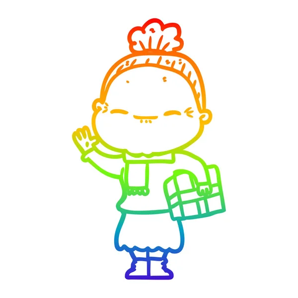 Regenboog gradiënt lijntekening cartoon vreedzame oude vrouw — Stockvector