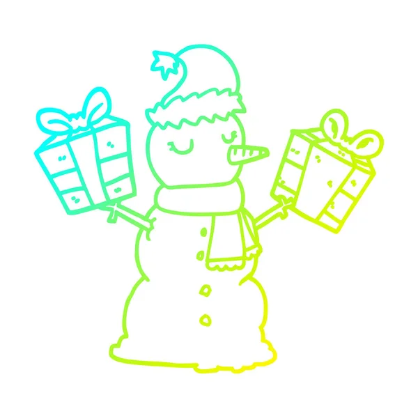 Cold gradient line drawing cartoon snowman — Stock Vector