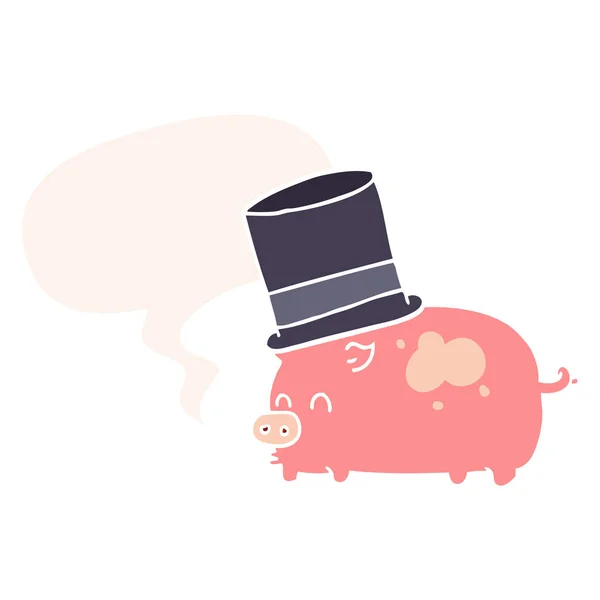Porco dos desenhos animados usando chapéu superior e bolha de fala em estilo retro — Vetor de Stock