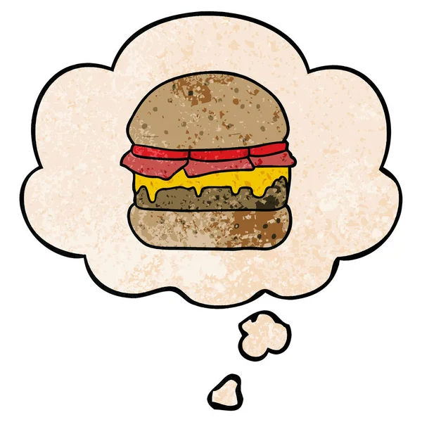 Hamburguesa de dibujos animados y burbuja de pensamiento en el estilo patrón de textura grunge — Vector de stock