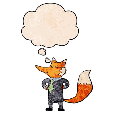 karikatür tilki işadamı ve grunge doku pat düşünce balonu