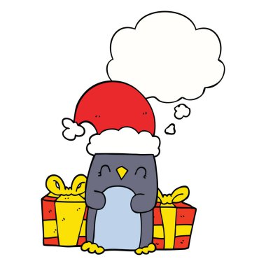 sevimli noel penguen ve düşünce balonu