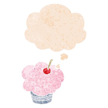 retro dokulu tarzında karikatür cupcake ve düşünce balonu