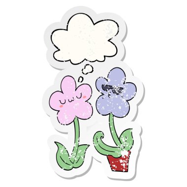 sevimli karikatür çiçek ve sıkıntılı yıpranmış stic olarak kabarcık düşünce