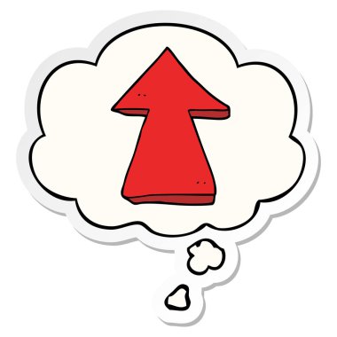 karikatür işaret ok ve basılı bir etiket olarak kabarcık düşünce