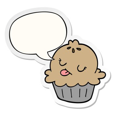 sevimli karikatür pasta ve konuşma kabarcık etiket