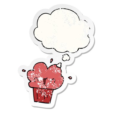 karikatür cupcake ve sıkıntılı yıpranmış etiket olarak kabarcık düşünce