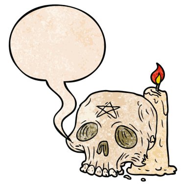 retro textu karikatür ürkütücü kafatası ve mum ve konuşma balonu