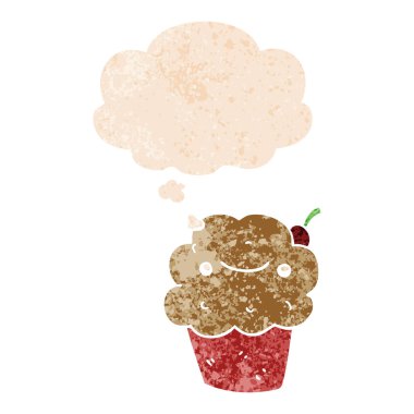 retro dokulu tarzında karikatür cupcake ve düşünce balonu