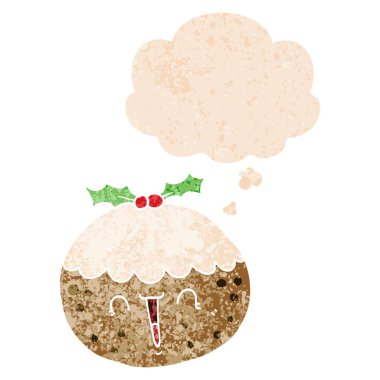 retro textu sevimli karikatür noel puding ve düşünce balonu